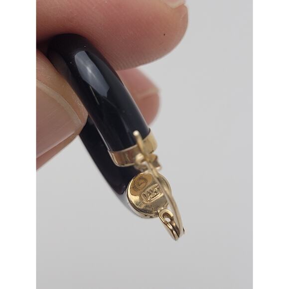 14K Yellow Gold Onyx Hoop Earrings 1" Diameter 6.29 Grams - Picture 5 of 6